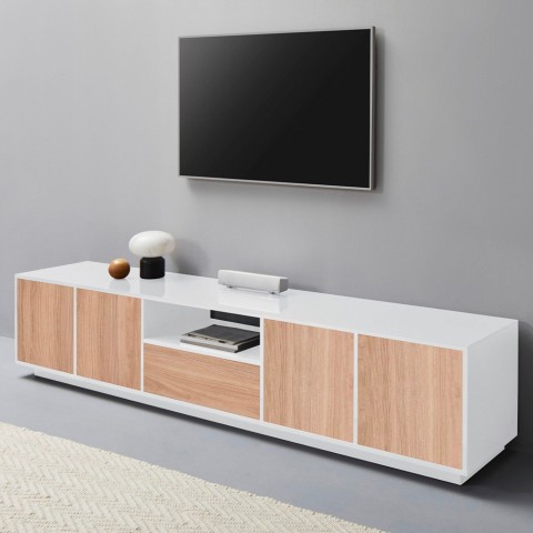 Meuble TV bois blanc design moderne salon 220cm Aston Wood