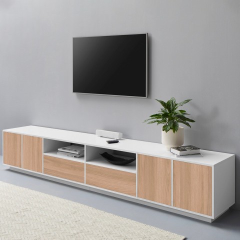 Meuble TV salon design moderne 260cm blanc Breid Wood Promotion