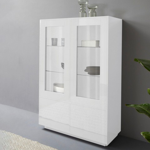Buffet de salon vaisselier avec vitrine 100cm design moderne blanc Syfe Promotion