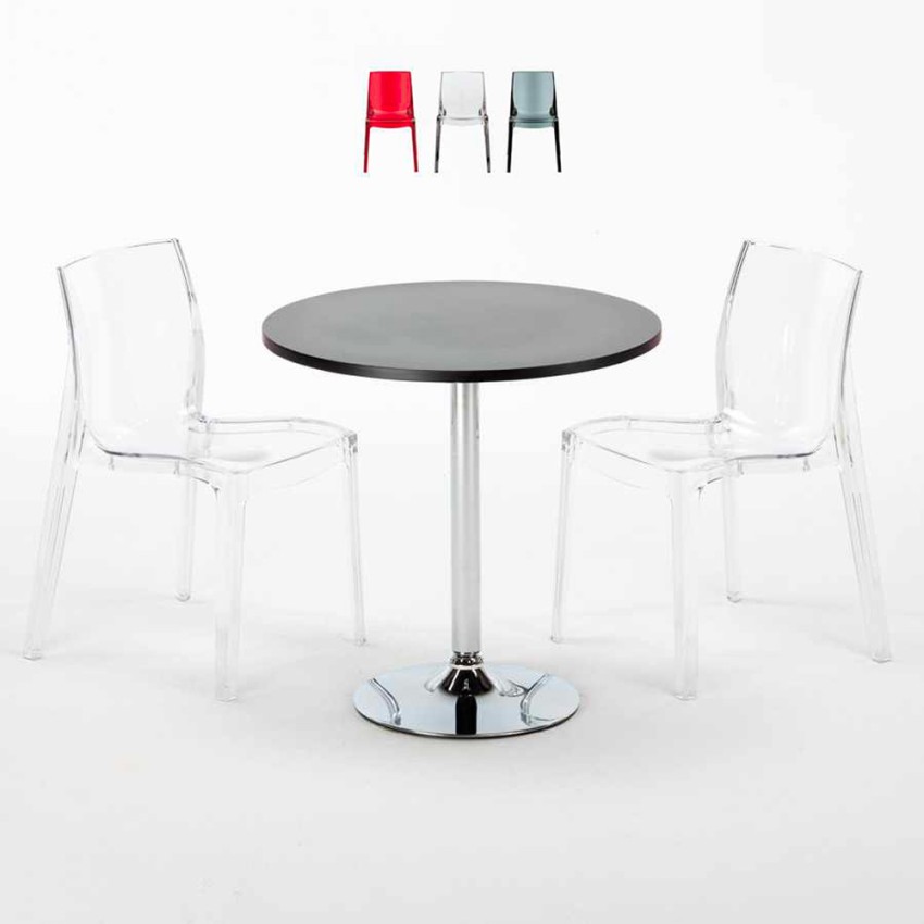 Table Ronde Noire 70x70cm Avec 2 Chaises Colorées Grand Soleil Set Intérieur Bar Café Femme Fatale Ghost Vente Table Ronde Noire 70x70cm Avec 2 Chaises Colorées Grand Soleil Set Intérieur Bar Café Femme Fatale Ghost Vente