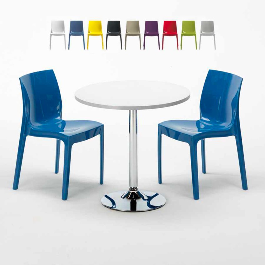 Table Ronde Blanche 70x70cm Avec 2 Chaises Colorées Grand Soleil Set Intérieur Bar Café Ice Long Island Offre Table Ronde Blanche 70x70cm Avec 2 Chaises Colorées Grand Soleil Set Intérieur Bar Café Ice Long Island Offre