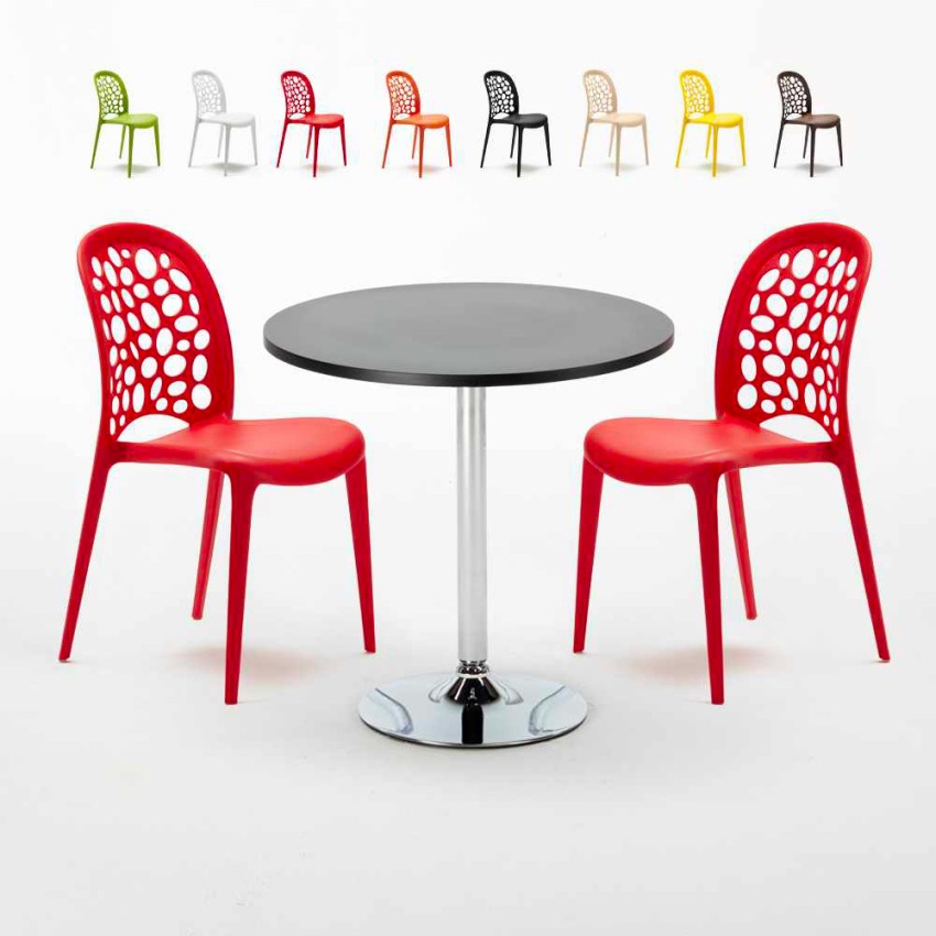 Table ronde noire 70 x 70 cm et 2 Chaises Colorées Intérieur Bar Café WEDDING Cosmopolitan Modèle