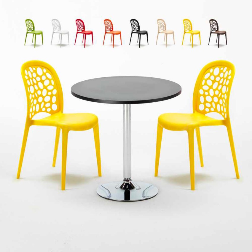 Table ronde noire 70 x 70 cm et 2 Chaises Colorées Intérieur Bar Café WEDDING Cosmopolitan Réductions