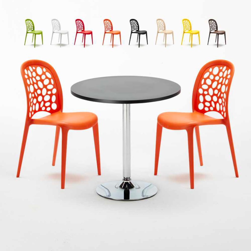 Table ronde noire 70 x 70 cm et 2 Chaises Colorées Intérieur Bar Café WEDDING Cosmopolitan Vente