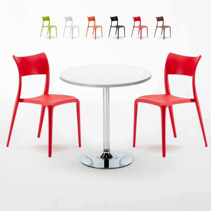 Table ronde blanche 70x70 et 2 chaises colorées bar café Parisienne Long Island Réductions