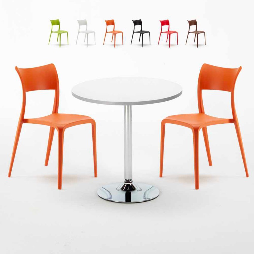 Table ronde blanche 70x70 et 2 chaises colorées bar café Parisienne Long Island Vente