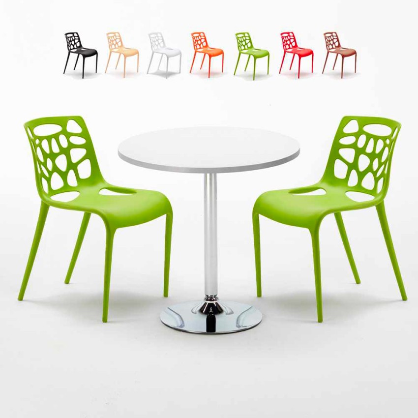 Table blanche ronde 70x70cm 2 Chaises colorées intérieur bar café Gelateria Long Island Choix