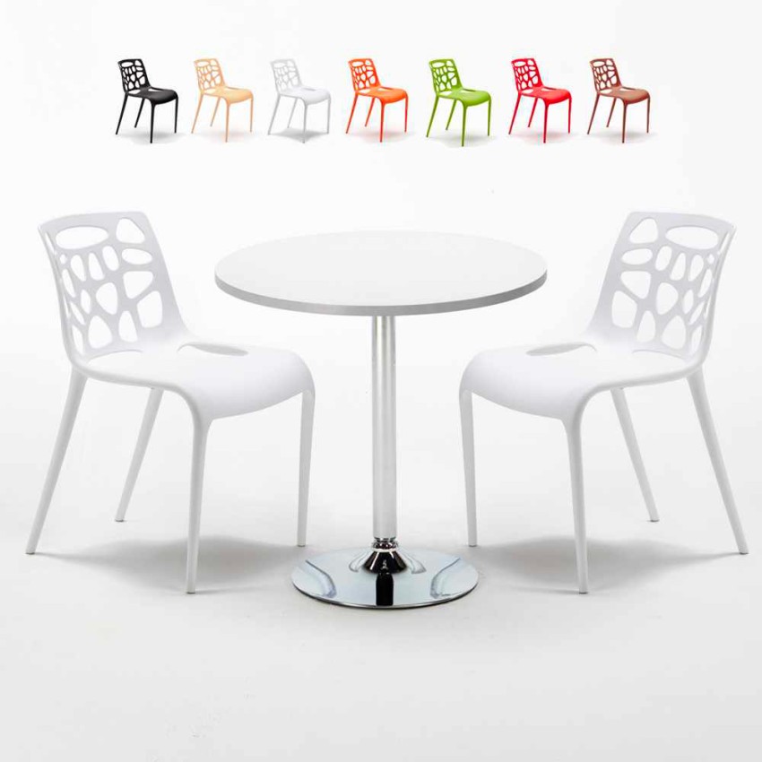 Table blanche ronde 70x70cm 2 Chaises colorées intérieur bar café Gelateria Long Island Remises
