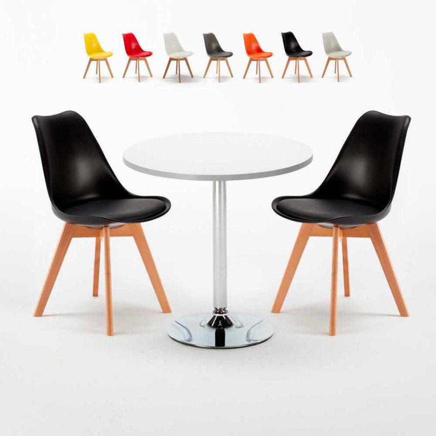 Table blanche ronde 70x70cm 2 chaises colorées d'intérieur bar café Nordica Long Island Catalogue