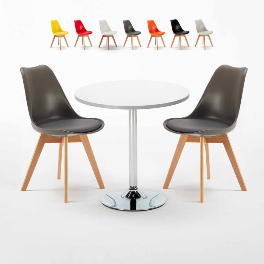 Table blanche ronde 70x70cm 2 chaises colorées d'intérieur bar café Nordica Long Island Réductions