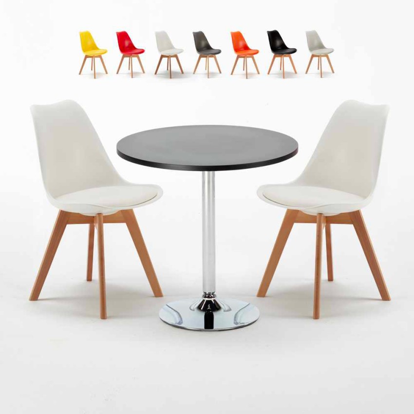 Table Ronde Noire 70x70cm 2 Chaises Colorées Intérieur Bar Café Nordica Cosmopolitan Vente