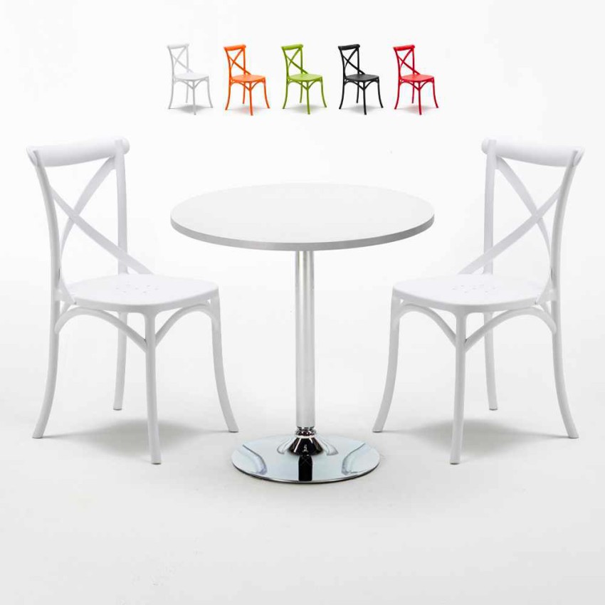 Table ronde blanche 70x70cm Avec 2 Chaises Colorées Intérieur bar café Vintage Long Island Vente