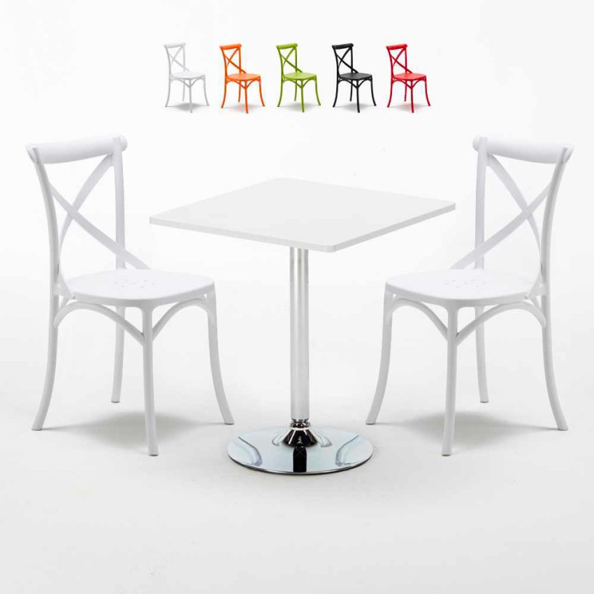 Table Carrée Blanche 70x70cm 2 Chaises Colorées Intérieur Bar Café Vintage Cocktail Offre Table Carrée Blanche 70x70cm 2 Chaises Colorées Intérieur Bar Café Vintage Cocktail Offre