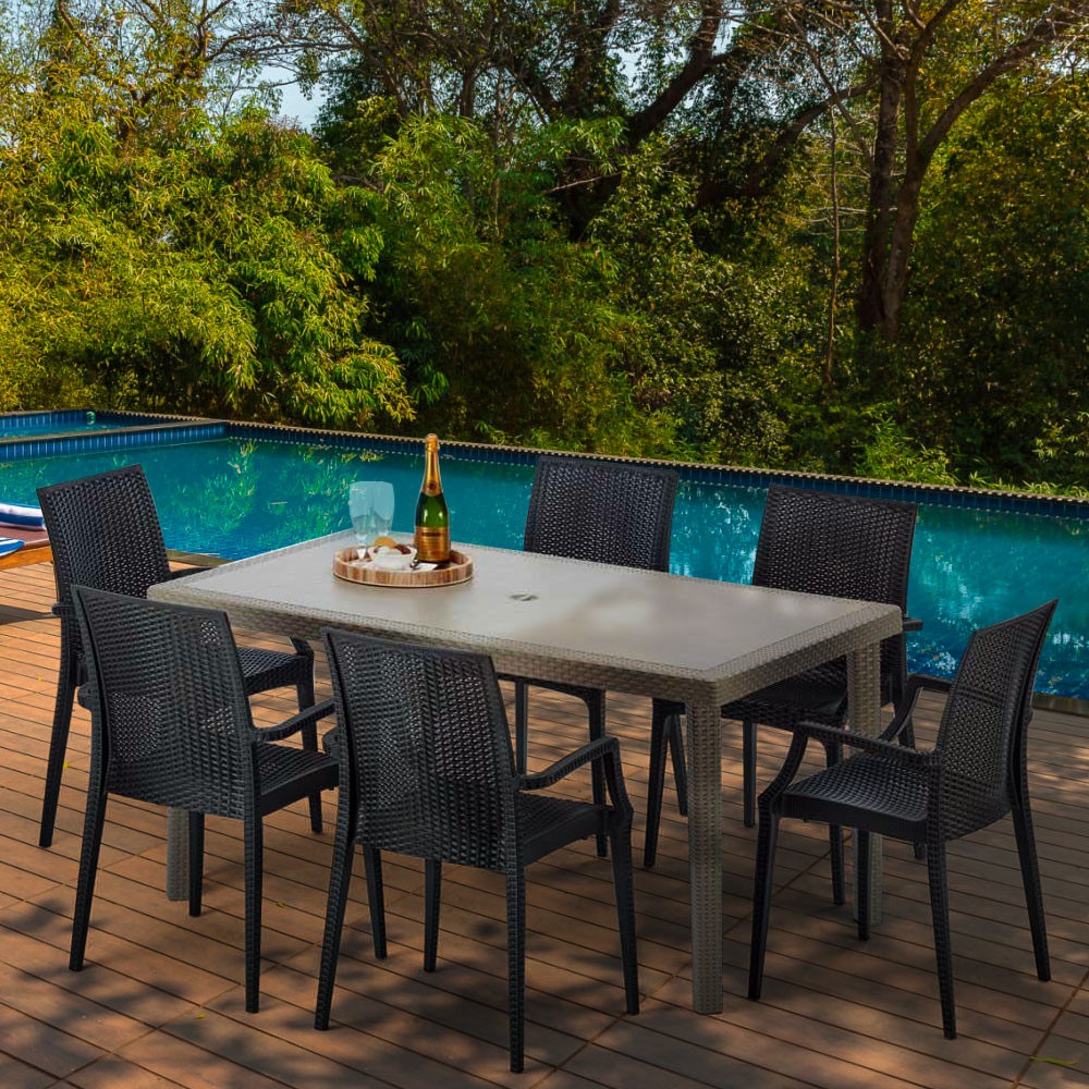 Table rectangulaire et 6 chaises Poly rotin resine ensemble bar cafè exterieur officiel 1
