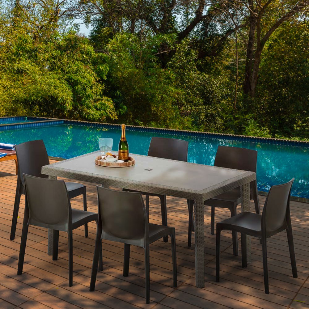 Table rectangulaire et 6 chaises Poly rotin resine ensemble bar cafè vendre exterieur 1