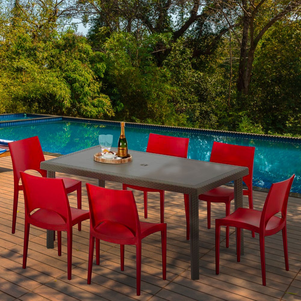 Table rectangulaire 6 chaises Poly rotin resine boutiques 150x90 marron Focus