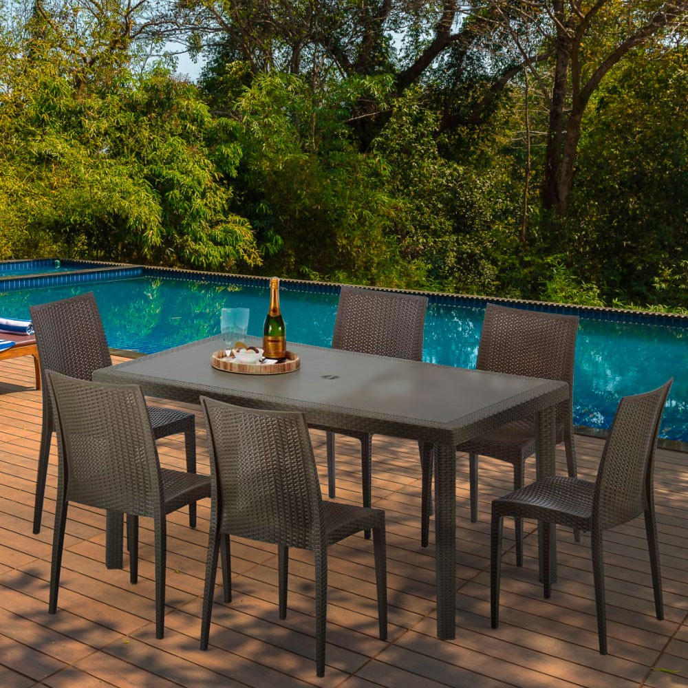Table rectangulaire remise 6 chaises Poly rotin resine 150x90 marron Focus