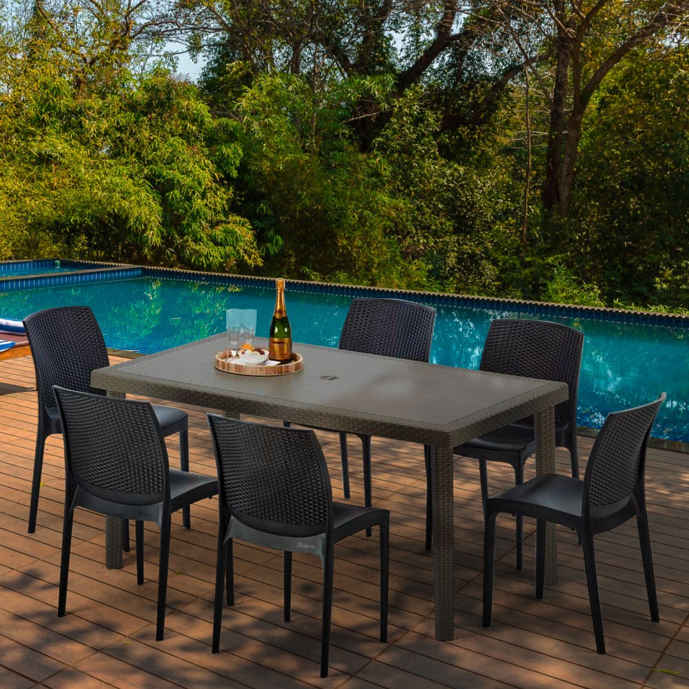 Table boutiques rectangulaire 6 chaises Poly rotin resine 150x90 marron Focus
