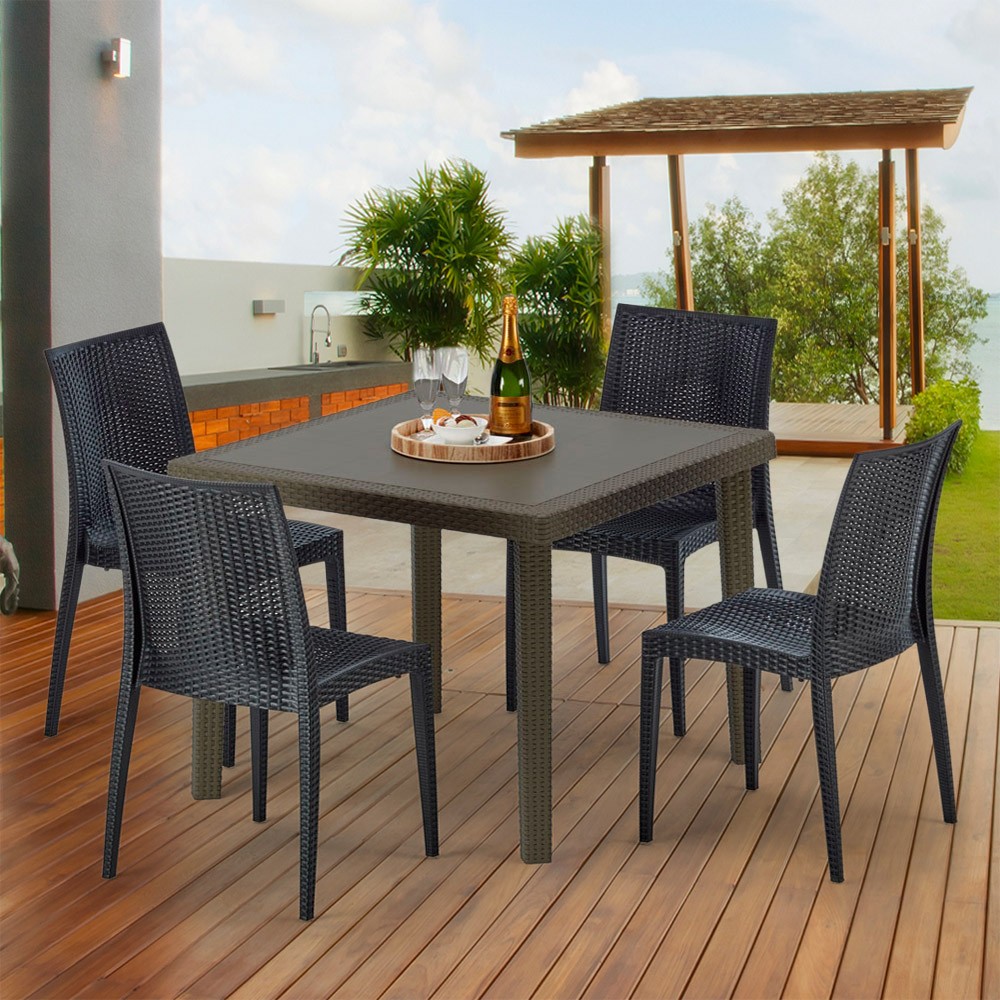 Table soldes carrée et 4 chaises colorées Poly-rotin résine 90x90 marron