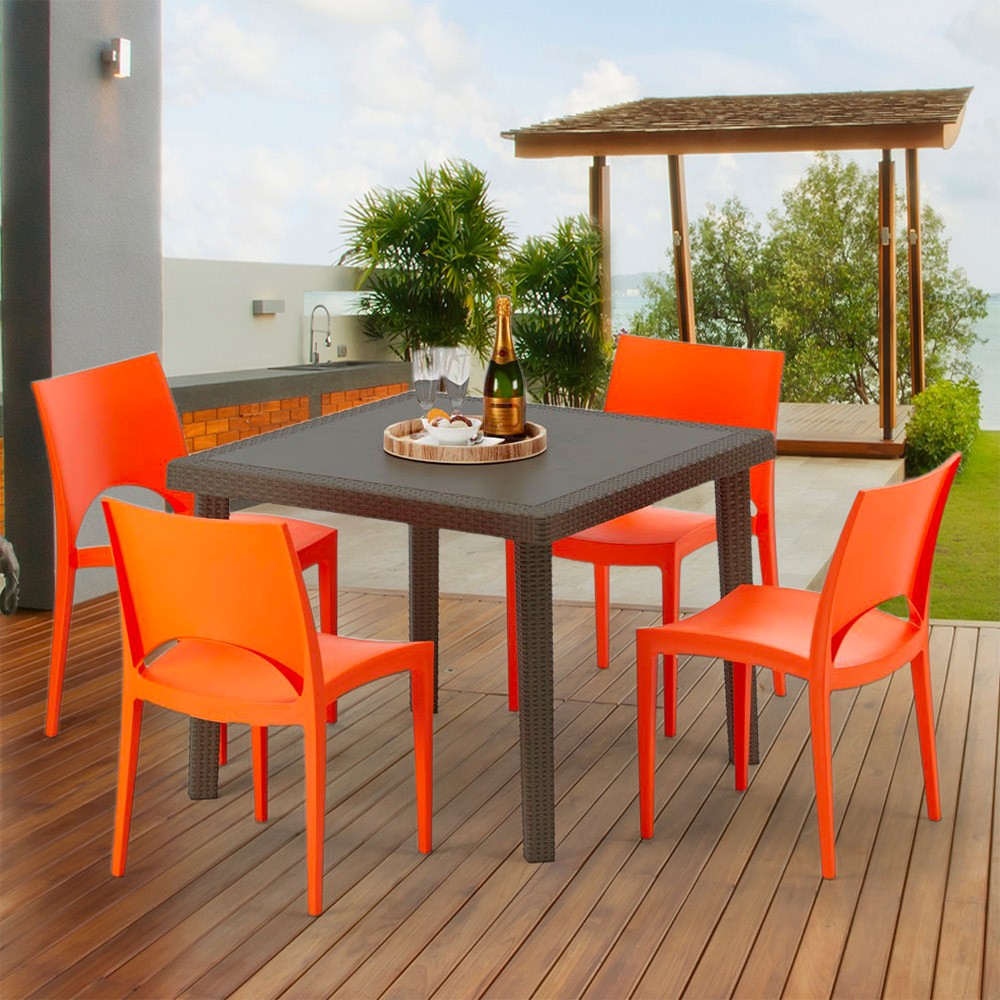 Table soldes carrée et 4 chaises colorées Poly-rotin résine 90x90 marron