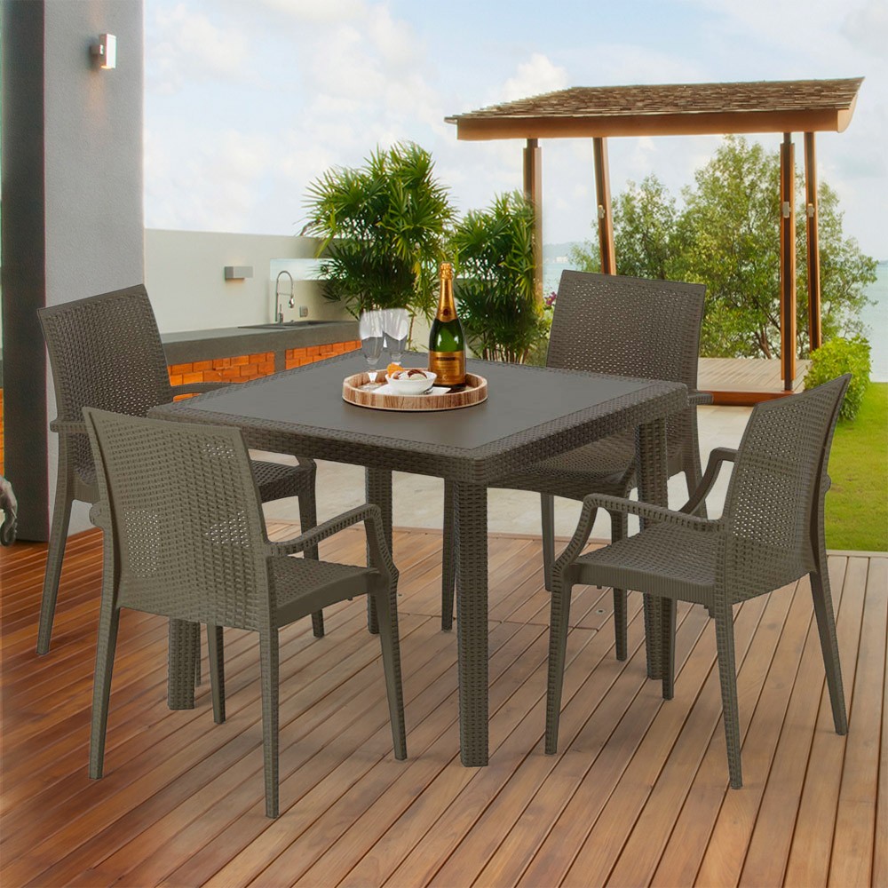 Table carrée et 4 chaises colorées Poly-rotin vendre résine 90x90 marron