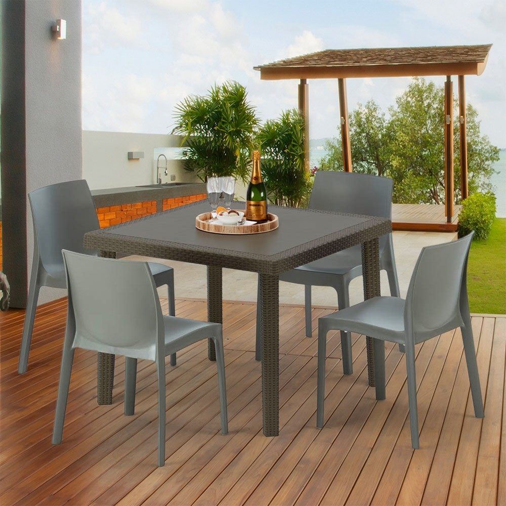 Table soldes carrée et 4 chaises colorées Poly-rotin résine 90x90 marron