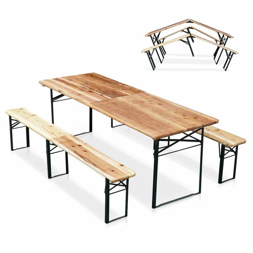 TABLE pliante, style brasserie en bois, avec bancs