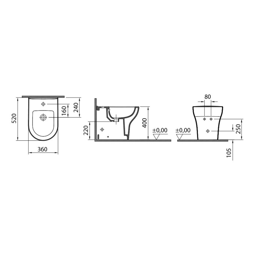 WC et bidet en céramique, chasse d'eau au sol, Sagittario. Design