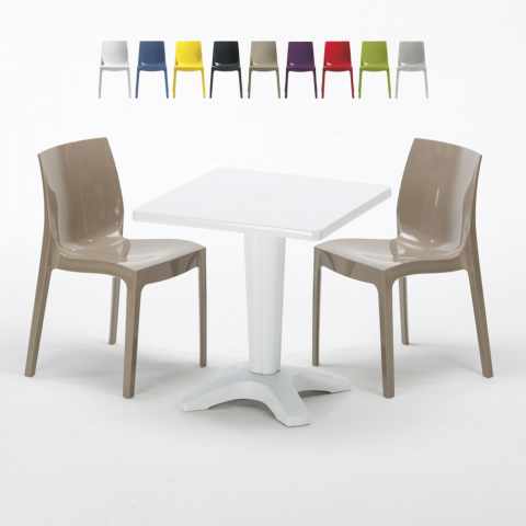Table Carrée Blanche 70x70cm Avec 2 Chaises Colorées Grand Soleil Set Bar Café Ice Patio Promotion