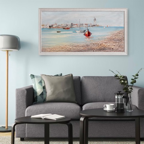 Tableau moderne peinture port avec des bateaux peint à la main sur toile cadre 60 × 120 cm W627