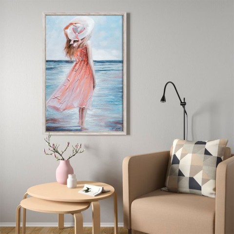 Tableau moderne relief femme plage peinte à la main sur toile cadre 60 × 90 cm W714 Promotion