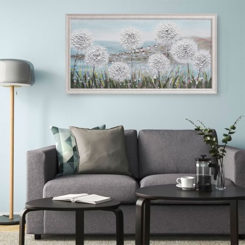 Tableau moderne champ fleurs pissenlits peint à la main sur toile cadre 60 × 120 cm W726