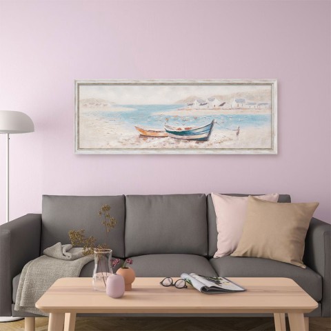 Hand painted picture on canvas boats on the shore 30x90cm with frame W800