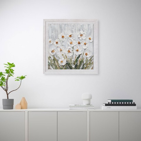 Tableau moderne peint à la main sur toile prairie de fleurs blanches avec cadre 30 × 30 cm Z501