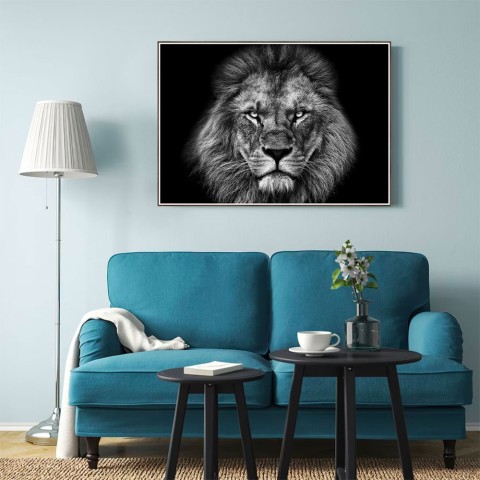 Tableau décoratif moderne photographique imprimé lion noir et blanc 70 × 100 cm Unika 0028