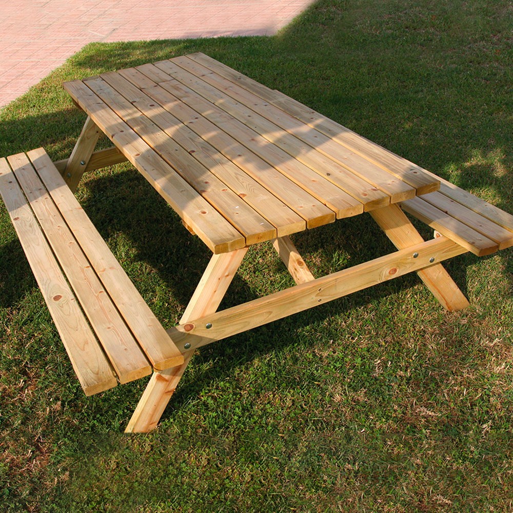 Table de pique-nique avec bancs en bois pour jardin extérieur 180 × 150 cm
