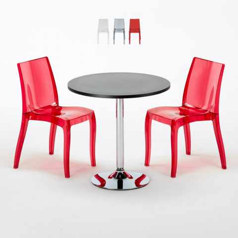 Table Ronde Noire 70x70cm Avec 2 Chaises Colorées Et Transparentes Set Intérieur Bar Café Cristal Light Gold