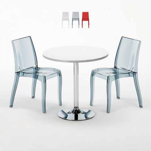 Table Ronde Blanche 70x70cm Avec 2 Chaises Colorées Et Transparentes Set Intérieur Bar Café Cristal Light Silver