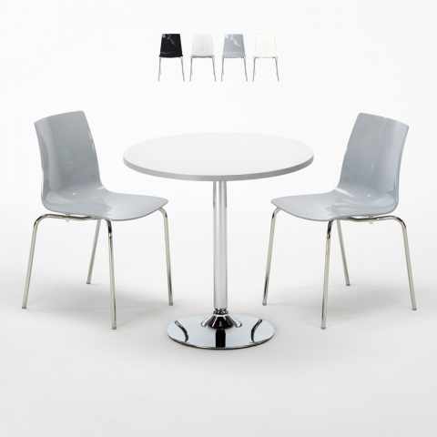 Table Ronde Blanche 70x70cm Avec 2 Chaises Colorées Et Transparentes Set Intérieur Bar Café Lollipop Silver