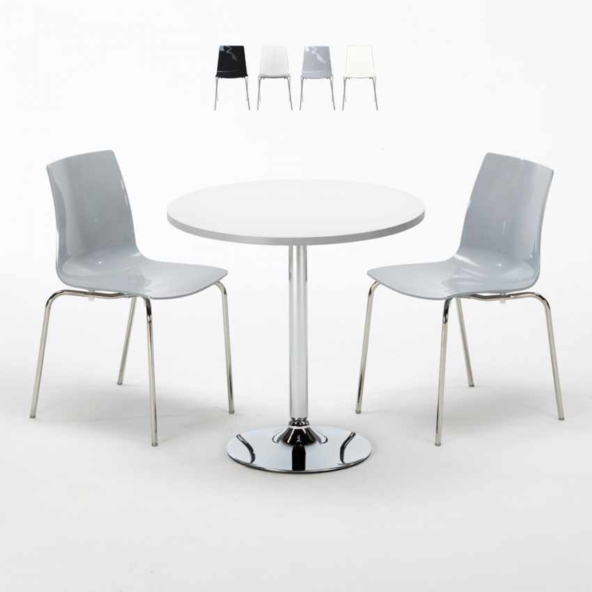 Table Ronde Blanche 70x70cm Avec 2 Chaises Colorées Et Transparentes Set Intérieur Bar Café Lollipop Silver Promotion
