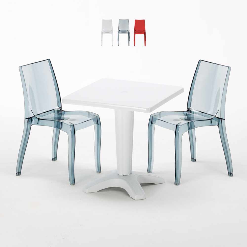 Table Carrée Blanche 70x70cm Avec 2 Chaises Colorées Grand Soleil Set Bar Café Cristal Light Terrace
