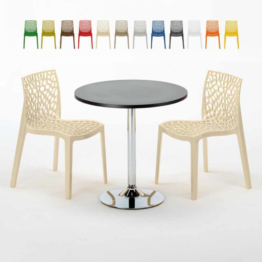 Table Ronde Noire 70x70cm Avec 2 Chaises Colorées Grand Soleil Set Intérieur Bar Café Gruvyer Cosmopolitan Vente