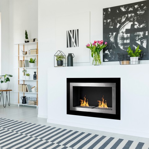 Cheminée murale encastrable à bioéthanol, design moderne en verre noir et acier Pechino Promotion