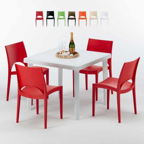 Table Carrée Blanche 90x90cm Avec 4 Chaises Colorées Grand Soleil Set Extérieur Bar Café Paris Love Promotion