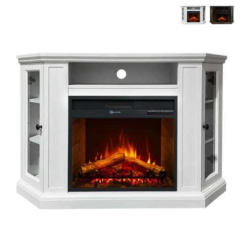 Cheminée électrique d'angle sur pied en bois blanc L126 x P78 x H83 Madison Promotion