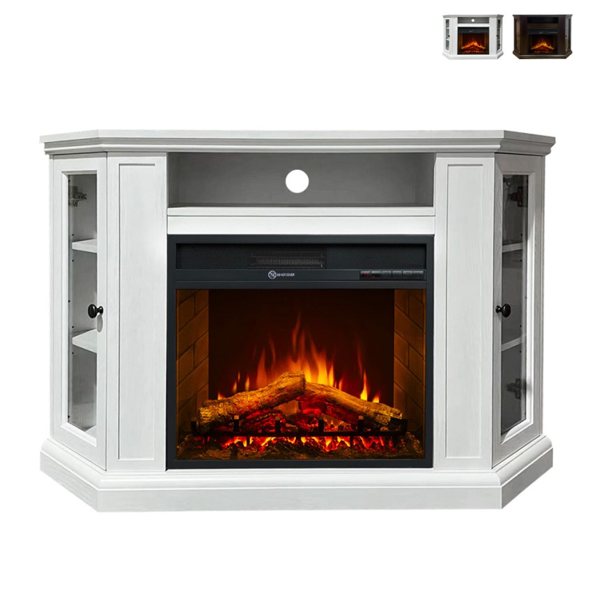 Cheminée électrique d'angle sur pied en bois blanc L126 x P78 x H83 Madison Promotion Cheminée électrique d'angle sur pied en bois blanc L126 x P78 x H83 Madison Promotion