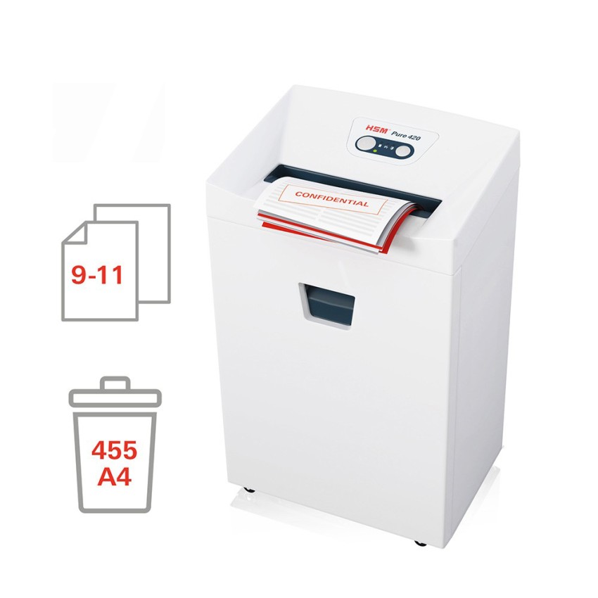 Destructeur de documents 11 feuilles 1,9 x 15 mm Pure 420 HSM pour bureau Promotion Destructeur de documents 11 feuilles 1,9 x 15 mm Pure 420 HSM pour bureau Promotion