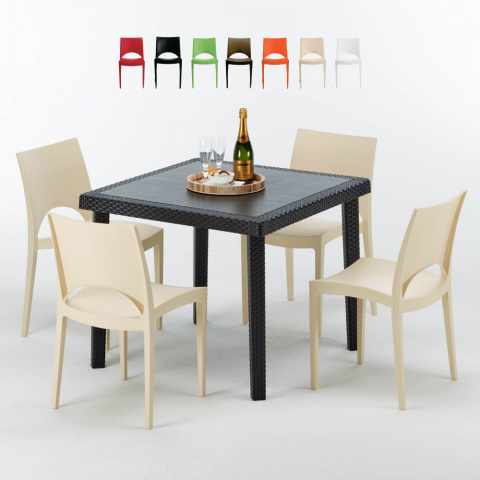 Table Carrée Noire 90x90cm Avec 4 Chaises Colorées Grand Soleil Set Extérieur Bar Café Paris Passion