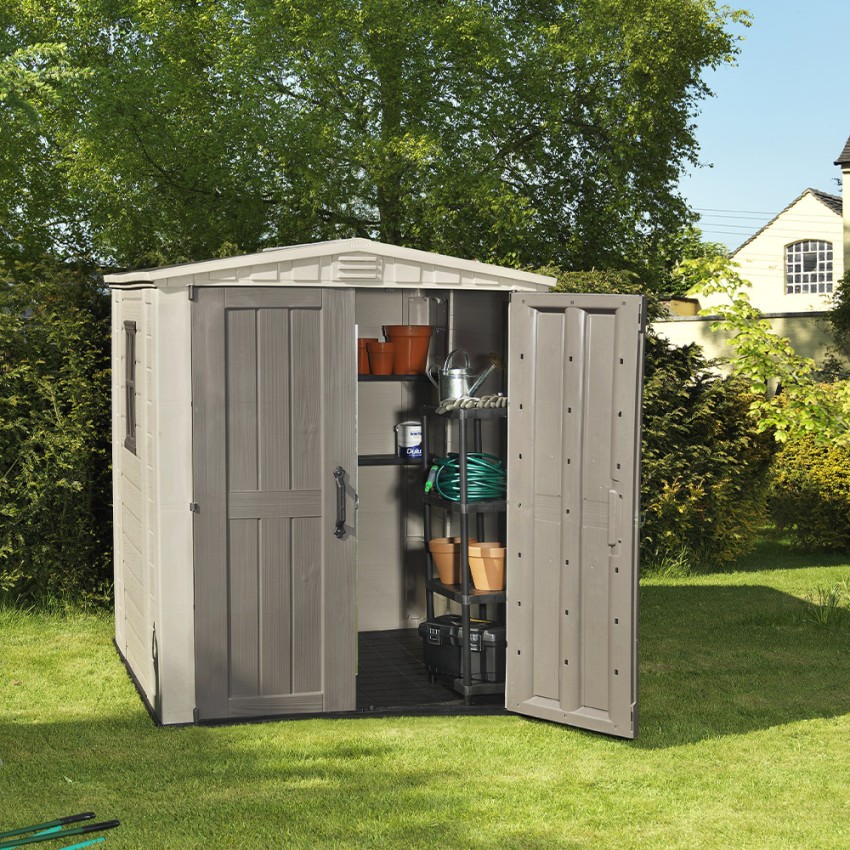 Abri de jardin en résine avec étagères 178x195,5x208cm Factor 6x6 Keter K209872 Promotion Abri de jardin en résine avec étagères 178x195,5x208cm Factor 6x6 Keter K209872 Promotion