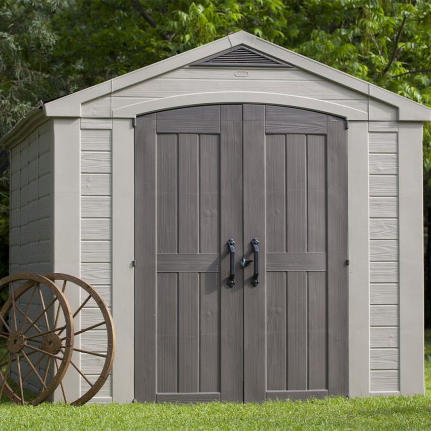 Abri de jardin en résine avec étagères 256,4x331,5x243cm Factor 8x11 Keter K209876 Promotion Abri de jardin en résine avec étagères 256,4x331,5x243cm Factor 8x11 Keter K209876 Promotion